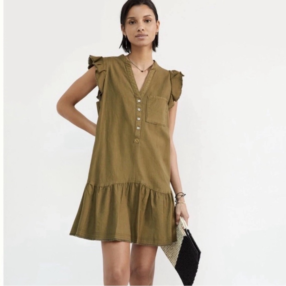 Pilcro Anthropologie, moss green ruffle sleeve, button front cotton mini dress S